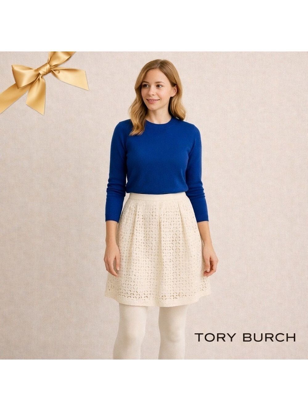 Tory Burch Cream Lace Like Mini Midi Skirt